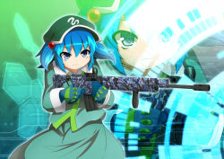 Rule 34 | 1girl, assault rifle, bad id, bad pixiv id, bad proportions, blue eyes, blue hair, artistic error, female focus, finger on trigger, gloves, gun, hair bobbles, hair ornament, hat, holding, holding gun, holding weapon, kawashiro nitori, long skirt, long sleeves, m4 carbine, matching hair/eyes, rifle, ryuu (multitask), short hair, skirt, smile, solo, touhou, twintails, two side up, vertical forward grip, weapon, wide sleeves, zoom layer