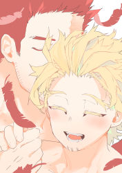 Rule 34 | 2boys, absurdres, beard, blush, boku no hero academia, close-up, couple, deavor lover, closed eyes, facial hair, feathered wings, feathers, holding hands, hawks (boku no hero academia), head kiss, highres, male focus, multiple boys, spiked hair, endeavor (boku no hero academia), upper body, wings, yaoi