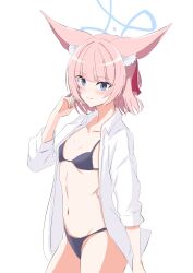 Rule 34 | 1girl, absurdres, animal ear fluff, animal ears, bikini, black bikini, blue archive, blue eyes, blue halo, blush, breasts, closed mouth, collarbone, collared shirt, cowboy shot, fox ears, halo, highres, kamitosayu, long sleeves, navel, niko (blue archive), open clothes, open shirt, pink hair, shirt, short hair, simple background, small breasts, smile, solo, swimsuit, white background, white shirt