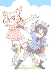 Rule 34 | 10s, 2girls, :3, :d, animal ears, arm up, black footwear, black gloves, black hair, black neckwear, black skirt, blonde hair, bow, bowtie, breast pocket, brown eyes, cloud, common raccoon (kemono friends), day, extra ears, fang, fennec (kemono friends), fox ears, fox tail, fur collar, fur trim, gloves, green hat, hand on own hip, hat, kemono friends, miniskirt, mitsumoto jouji, multiple girls, open mouth, outdoors, pantyhose, pleated skirt, pocket, raccoon ears, raccoon tail, short sleeves, skirt, sky, smile, tail, tail wrap, thighhighs, white footwear, white gloves, white legwear, white skirt, yellow legwear, yellow neckwear, zettai ryouiki