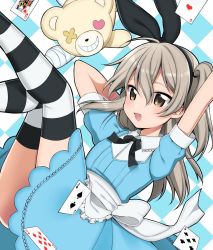 Rule 34 | 1girl, alice (alice in wonderland), alice (alice in wonderland) (cosplay), alice in wonderland, apron, arms behind head, arms up, bandages, black bow, black bowtie, black ribbon, black thighhighs, blue dress, blush, boko (girls und panzer), bow, bowtie, brown eyes, card, checkered background, collared dress, commentary, cosplay, dress, floating, frilled apron, frills, girls und panzer, hair ribbon, legs up, light brown hair, long hair, looking at viewer, one side up, open mouth, playing card, ribbon, ruruepa, shimada arisu, short dress, smile, solo, striped clothes, striped thighhighs, stuffed animal, stuffed toy, teddy bear, thighhighs, waist apron, white apron