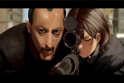 Rule 34 | 1boy, 1girl, beard, black jacket, blurry, blurry background, building, crossover, depth of field, facial hair, gun, higuchi madoka, idolmaster, idolmaster shiny colors, jacket, leon (leon the professional), leon the professional, mole, mole under eye, mzmch, one eye closed, out of frame, outdoors, rifle, short hair, signature, sniper rifle, weapon, wrinkled skin