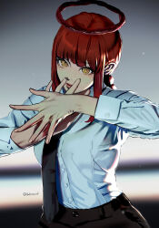 Rule 34 | 1girl, absurdres, black necktie, black pants, blood halo, braid, braided ponytail, business suit, chainsaw man, collared shirt, datcravat, fingernails, formal, halo, highres, looking at viewer, makima (chainsaw man), necktie, own hands together, pants, red hair, ringed eyes, shirt, shirt tucked in, simple background, solo, suit, white shirt, yellow eyes