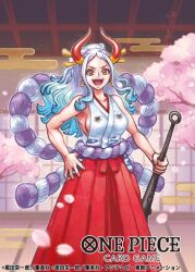Rule 34 | 1girl, blue hair, cherry blossoms, club, club (weapon), commentary request, copyright name, earrings, hair ornament, hakama, hand on own hip, holding, holding weapon, horns, japanese clothes, jewelry, kanabou, kimono, multicolored hair, official art, one piece, one piece card game, ponytail, red hakama, red horns, rope, shimenawa, sidelocks, sleeveless, sleeveless kimono, smile, solo, tsuruta saya, weapon, white hair, white kimono, yamato (one piece)