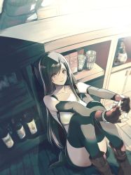 Rule 34 | 1girl, absurdres, bar (place), bare shoulders, bike shorts under skirt, black hair, black skirt, black thighhighs, bottle, breasts, collarbone, crop top, detached sleeves, earrings, final fantasy, final fantasy vii, final fantasy vii remake, fingerless gloves, gloves, highres, indoors, jewelry, large breasts, long hair, looking at viewer, low-tied long hair, on floor, own hands together, red eyes, red footwear, red gloves, seventh heaven, shoji sakura, sitting, skirt, smile, solo, square enix, stretching, suspender skirt, suspenders, tank top, tavern, thighhighs, tifa lockhart, white tank top, wine bottle
