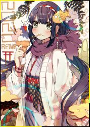 Rule 34 | 1girl, absurdres, bamboo, black hair, blush, brown scarf, cherry, closed mouth, commentary request, fish hair ornament, floral print, food, food on face, fruit, green eyes, hair between eyes, hair ornament, highres, holding, holding food, huge filesize, ice cream, ice cream cone, jacket, japanese clothes, kadomatsu, kimono, long hair, long sleeves, looking at viewer, nengajou, new year, obi, open clothes, open jacket, original, pocky, print jacket, purple kimono, reiwa, revision, sash, scarf, smile, solo, soranagi yuki, torii, very long hair, white jacket