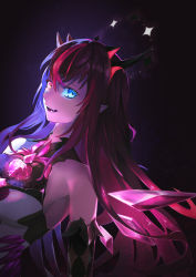 Rule 34 | 1girl, absurdres, bare shoulders, black hair, blue eyes, blue hair, bridal gauntlets, dark background, fang, highres, hololive, hololive english, horns, irys (hololive), irys (irys 1.0) (hololive), long hair, looking at viewer, multicolored hair, old-night, open mouth, pink hair, smile, solo, upper body, virtual youtuber, wings