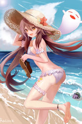 Rule 34 | 1girl, absurdres, ass, bare shoulders, barefoot, bikini, blush, breasts, brown hair, butt crack, from behind, genshin impact, ghost, hat, hat ornament, highres, hu tao (genshin impact), long hair, looking at viewer, medium breasts, open mouth, orange eyes, racoon, shiny skin, sideboob, smile, solo, sun hat, swimsuit, twintails, very long hair, water