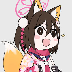 1girl :d animal_ear_fluff animal_ears bad_link black_gloves blue_archive blue_sailor_collar bright_pupils brown_eyes brown_hair cherry_blossom_print chibi clenched_hands excited fang floral_print fox_ears fox_girl fox_hair_ornament fox_tail gloves grey_background gyari_(imagesdawn)_(style) hair_between_eyes hair_ornament halo highres izuna_(blue_archive) izunasuki_art japanese_clothes kimono looking_ahead medium_hair meme neckerchief one_side_up open_mouth partially_fingerless_gloves pink_halo pink_kimono pink_neckerchief pink_scarf pom_pom_(clothes) pom_pom_hair_ornament print_kimono sailor_collar scarf school_uniform serafuku seyana_(meme) shirt simple_background skin_fang smile solo sparkle tail tail_raised upper_body v-shaped_eyebrows white_pupils white_shirt