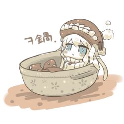 Rule 34 | 10s, 1girl, abyssal ship, blue eyes, blush stickers, chibi, inishie, kantai collection, monster, pale skin, pot, sitting, solo, translated, triangle mouth, turret, white hair, wo-class aircraft carrier