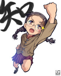 Rule 34 | 1girl, bad id, bad pixiv id, black hair, braid, brown eyes, brown jacket, chi-hatan school uniform, fukuda haru, girls und panzer, girls und panzer gekijouban, glasses, high collar, highres, jacket, long hair, long sleeves, open mouth, pairan, pleated skirt, punching, round eyewear, school uniform, simple background, skirt, solo, twin braids, twintails, white background