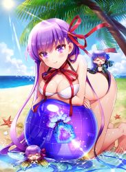Rule 34 | 10s, 3girls, :d, :q, ^ ^, arm support, armored boots, ball, bare arms, bare shoulders, barefoot, bb (fate), bb (fate/extra), beach, beachball, bikini, black bikini, blue ribbon, blush, blush stickers, boots, breasts, chibi, claw (weapon), cleavage, closed eyes, closed mouth, cloud, commentary request, cube, day, facing viewer, fate/extra, fate/extra ccc, fate/grand order, fate (series), hair ribbon, head tilt, highres, knee boots, kneeling, large breasts, light rays, long hair, medium breasts, meltryllis (fate), mini person, minigirl, mismatched bikini, multiple girls, neck ribbon, ocean, open mouth, passionlip (fate), purple eyes, purple hair, red ribbon, ribbon, sand, seashell, shell, sitting, sleeves past fingers, sleeves past wrists, smile, sparkle, sun, sunbeam, sunlight, swimsuit, tongue, tongue out, very long hair, water, weapon, white bikini, wingtemple