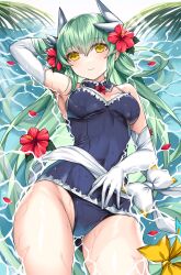 Rule 34 | 1girl, arm up, armpits, bare shoulders, blush, breasts, closed mouth, commentary request, dragon girl, dragon horns, elbow gloves, fate/grand order, fate (series), flower, gloves, green hair, hair flower, hair ornament, highres, horns, kiyohime (fate), large breasts, long hair, looking at viewer, lying, morizono shiki, on back, partially submerged, smile, solo, thighs, water, wet, white gloves, yellow eyes