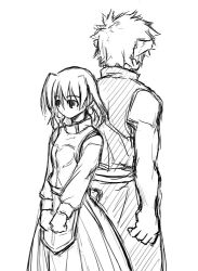 Rule 34 | 00s, 1boy, 1girl, back-to-back, blush, dress, greyscale, height difference, long sleeves, lyrical nanoha, mahou shoujo lyrical nanoha, mahou shoujo lyrical nanoha a&#039;s, monochrome, own hands together, shamal, short hair, simple background, sketch, standing, uka, v arms, white background, zafira