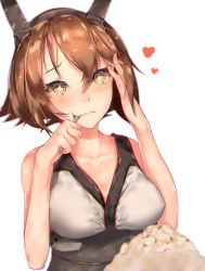 Rule 34 | + +, 10s, 1girl, absurdres, alternate eye color, bad id, bad pixiv id, breasts, brown hair, chromatic aberration, collarbone, eating, eyebrows, food, food request, foodgasm, hair between eyes, hand on own head, headgear, heart, highres, hplay, kantai collection, looking at viewer, medium breasts, mutsu (kancolle), short hair, simple background, sleeveless, solo, upper body, wavy mouth, white background, yellow eyes