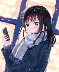 Rule 34 | 1girl, :/, backlighting, black coat, blush, buttons, cellphone, closed mouth, coat, dutch angle, grey scarf, hair ornament, hairclip, highres, holding, holding phone, long hair, long sleeves, looking at phone, original, phone, scarf, seki (l0410706268), smartphone, snowing, solo, striped clothes, striped scarf, upper body, winter, winter clothes