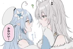 Rule 34 | 2girls, ahoge, animal ear piercing, animal ears, black eyes, blue hair, blue nails, flower, grey hair, hair flower, hair ornament, hat, heart, heart ahoge, highres, hololive, lion ears, long hair, looking at another, multiple girls, open mouth, pointy ears, portrait, profile, shishiro botan, shishiro botan (1st costume), sui (camellia), thought bubble, tongue, tongue out, translation request, virtual youtuber, yellow eyes, yukihana lamy, yukihana lamy (1st costume), yuri