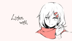 Rule 34 | 1girl, closed mouth, commentary, cropped shoulders, earphones, english commentary, english text, enpera, hair ornament, hair over one eye, hairclip, highres, kagerou project, kentsdesign, long sleeves, looking to the side, monochrome, negative space, pink scarf, portrait, scarf, simple background, sleeve cuffs, smile, solo, spot color, string around finger, tateyama ayano