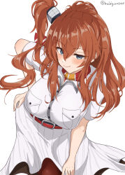 Rule 34 | 1girl, bent over, blue eyes, breast pocket, breasts, brown hair, chamumi (mochiumee), dress, hair between eyes, hair ornament, high side ponytail, highres, kantai collection, large breasts, long hair, looking at viewer, neckerchief, pocket, ponytail, red neckerchief, saratoga (kancolle), side ponytail, sidelocks, smile, smokestack, solo, white dress