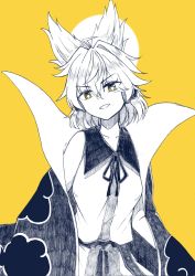 Rule 34 | 1girl, cloak, collarbone, corrupted twitter file, earmuffs, gurajio, hair between eyes, highres, open mouth, orange background, pointy hair, shirt, short hair, sleeveless, sleeveless shirt, smile, solo, spot color, touhou, toyosatomimi no miko, upper body, yellow eyes