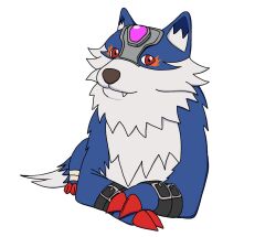 Rule 34 | belt, claws, digimon, fang, highres, loogamon, meme, red eyes, simple background, white background