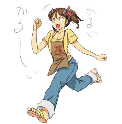 Rule 34 | 1girl, alternate breast size, animal ears, brown hair, cow girl, denim, female focus, flat chest, happy, hataraki ari, horns, jeans, open mouth, original, pants, running, sandals, shirt, short hair, simple background, solo, sukimi, toes, translated, twintails, white background