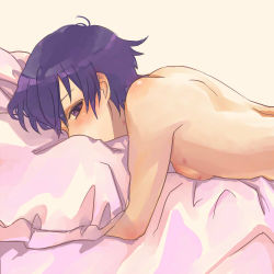 Rule 34 | 1girl, atlus, back, bed, breasts, lowres, lying, mihara (081mhrs), on stomach, persona, persona 4, pillow, purple hair, shirogane naoto, short hair, solo, topless