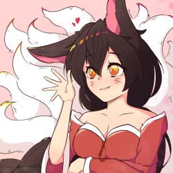 Rule 34 | 1girl, absurdres, ahri (league of legends), animal ears, bare shoulders, black hair, breasts, cleavage, closed mouth, collarbone, commentary, detached sleeves, dress, english commentary, facial mark, fox ears, fox girl, fox tail, hair between eyes, heart, highres, kitsune, kyuubi, league of legends, long hair, long sleeves, makeup, medium breasts, multiple tails, rownou, simple background, smile, solo, tail, upper body, whisker markings, wide sleeves, yellow eyes