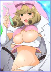 1girl areola_slip bare_shoulders breasts brown_hair coat crop_top green_eyes hair_ribbon haruka_(senran_kagura) large_breasts medium_hair open_mouth panties rasetuayano ribbon senran_kagura sleeveless test_tube underboob underwear