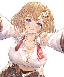 Rule 34 | 1girl, absurdres, blonde hair, blue eyes, blush, breasts, cleavage, hair ornament, highres, hololive, hololive english, honkivampy, huge breasts, lingerie, looking at viewer, mole, mole on breast, necktie, shirt, short hair, skirt, smile, solo, underwear, virtual youtuber, watson amelia, white shirt