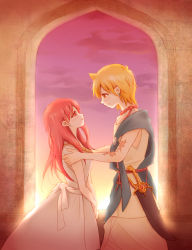 Rule 34 | 1boy, 1girl, ali baba saluja, blonde hair, blush, hands on another&#039;s shoulder, holding, jewelry, magi the labyrinth of magic, morgiana, red eyes, red hair, scar, short hair, sword, tomomonga, weapon