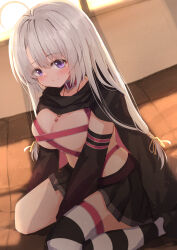 Rule 34 | 1girl, absurdres, ahoge, arm at side, ayachi nene, backlighting, belt, belt bra, belt collar, between legs, black cloak, black skirt, blush, breasts, cleavage, cloak, closed mouth, collar, commentary, curvy, detached sleeves, eyes visible through hair, foot out of frame, grey hair, hair between eyes, hair ribbon, hand between legs, highres, indoors, jewelry, knees out of frame, large breasts, light particles, long hair, looking at viewer, miniskirt, necklace, no headwear, nodoameyatou, pink belt, pleated skirt, purple eyes, ribbon, sanoba witch, single thighhigh, sitting, skindentation, skirt, smile, solo, split mouth, straight hair, striped clothes, striped thighhighs, thighhighs, tile floor, tiles, very long hair, wariza, window, yellow ribbon, zettai ryouiki
