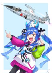 Rule 34 | &gt; &lt;, 1girl, 1other, :d, ahoge, aircraft, airplane, animal ears, aqua hair, black leggings, blue hair, border, bow, clenched hand, closed eyes, commentary, corrupted twitter file, cowboy shot, crossed bangs, drawstring, f-104 starfighter, fighter jet, hair bow, hands up, highres, hood, hoodie, horse ears, horse girl, horse tail, japan air self-defense force, japan self-defense force, jet, leggings, blue background, long hair, long sleeves, military, military vehicle, multicolored clothes, multicolored hair, multicolored hoodie, open mouth, outside border, outstretched arm, pilot, pointing, ram (p searam), sharp teeth, sidelocks, simple background, smile, striped bow, stuffed animal, stuffed rabbit, stuffed toy, tail, teeth, twin turbo (umamusume), twintails, two-tone hair, umamusume, upper teeth only, white border