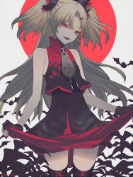 Rule 34 | 1girl, akatsuki uni, artist name, bare shoulders, bat (animal), black dress, black gloves, black thighhighs, blonde hair, commentary request, dated, dress, fangs, fucodoku, gloves, hair ornament, hairclip, long hair, open mouth, partially fingerless gloves, red eyes, skirt hold, smile, thighhighs, two side up, uni create, vest, virtual youtuber, zipper pull tab