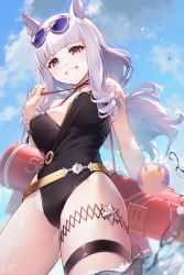 Rule 34 | 1girl, baisi shaonian, black one-piece swimsuit, blue sky, blunt bangs, breasts, casual one-piece swimsuit, cloud, cowboy shot, eyewear on head, from below, gold ship (run revolt launcher) (umamusume), gold ship (umamusume), grey hair, highres, long hair, looking at viewer, medium breasts, number pun, one-piece swimsuit, purple eyes, sky, solo, sunglasses, swimsuit, umamusume, water gun