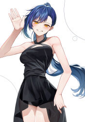 Rule 34 | 1girl, absurdres, arm at side, bad id, bad twitter id, bare shoulders, black dress, blue hair, blush, breasts, cleavage, cowboy shot, criss-cross halter, dress, halterneck, high ponytail, highres, lilpa, looking at viewer, medium breasts, open mouth, simple background, smile, solo, standing, sugar (dndi888), teeth, virtual youtuber, waktaverse, waving, white background, yellow eyes