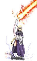 Rule 34 | 1girl, arm up, armor, armored dress, black thighhighs, blonde hair, braid, dress, electricity, fate/apocrypha, fate/stay night, fate (series), flaming sword, flaming weapon, gauntlets, headpiece, highres, jeanne d&#039;arc (fate), jeanne d&#039;arc (ruler) (fate), long hair, mikadorill, ponytail, purple eyes, side slit, simple background, single braid, solo, standing, sword, thighhighs, very long hair, weapon