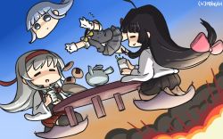 Rule 34 | 3girls, ahoge, black hair, black legwear, blue eyes, blue hair, cup, dated, disembodied head, closed eyes, food, gloves, green tea, grey skirt, grey vest, hakama, hakama short skirt, hakama skirt, hamu koutarou, hatsukaze (kancolle), headband, highres, holding, holding cup, japanese clothes, kantai collection, long hair, multiple girls, muneate, open mouth, pleated skirt, red hakama, red headband, seiza, shouhou (kancolle), shoukaku (kancolle), sitting, skirt, smile, tasuki, tea, teacup, thighhighs, vest, white gloves, white hair