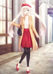Rule 34 | :d, bag, black leggings, blue eyes, coat, day, eyebrows, fal (fal-se-0), fashion, fate/grand order, fate (series), full body, handbag, highres, impossible hair, jewelry, leggings, long hair, long sleeves, long twintails, looking at viewer, marie antoinette (fate), necklace, necktie, one eye closed, open mouth, outdoors, red footwear, shoes, sleeves past wrists, smile, solo, standing, trench coat, twintails, type-moon, very long hair