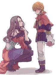Rule 34 | 1boy, 1girl, aged down, black footwear, black pantyhose, blush, boots, bouquet, brown hair, capelet, closed mouth, commentary request, detached sleeves, dorothea arnault, dress, ferdinand von aegir, fire emblem, fire emblem: three houses, flower, holding, holding bouquet, long hair, nintendo, orange hair, pants, pantyhose, puffy sleeves, red capelet, red dress, simple background, squatting, tenjin (ahan), white background, white pants
