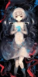 Rule 34 | 1girl, bandaged arm, bandages, bare shoulders, blue flower, closed mouth, collarbone, dress, flower, highres, holding, holding flower, long hair, looking at viewer, lying, on back, original, partially submerged, red eyes, red ribbon, ribbon, see-through, silver hair, sketch, sleeveless, sleeveless dress, smile, solo, strap slip, very long hair, wet, wet clothes, wet dress, wet hair, white dress, yuuji (yukimimi)