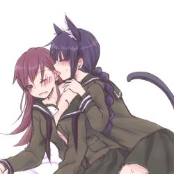 Rule 34 | 2girls, animal ears, blush, braid, breasts, cat ears, collarbone, ear licking, closed eyes, female focus, hand on another&#039;s shoulder, hitsuji nata, kantai collection, kitakami (kancolle), licking, multiple girls, no bra, off shoulder, one eye closed, ooi (kancolle), open clothes, open shirt, pleated skirt, sailor collar, school uniform, serafuku, shirt, simple background, skirt, tail, tongue, tongue out, white background, yuri