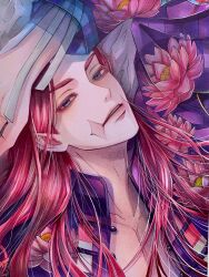 Rule 34 | 1boy, aqua eyes, collared jacket, hand on own head, head tilt, highres, hy 10100, jacket, long hair, looking at viewer, lotus print, male focus, open clothes, open shirt, parted lips, pink hair, portrait, purple jacket, sanzu haruchiyo, scar, scar on face, solo, tokyo ravens