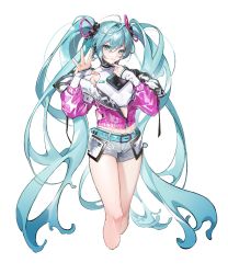 Rule 34 | 1girl, absurdly long hair, ahoge, aqua belt, aqua eyes, aqua hair, aqua nails, borrowed design, breasts, breasts apart, crop top, cropped legs, feet out of frame, hair between eyes, hatsune miku, headphones, headset, jacket, long hair, long sleeves, looking at viewer, lushi jin up, messy hair, midriff, nail polish, open hand, pink jacket, short shorts, shorts, simple background, smile, solo, twintails, very long hair, vocaloid, waving, white background