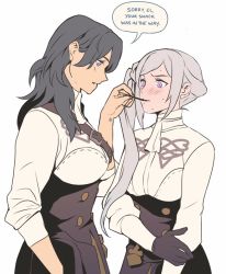 Rule 34 | 2girls, alternate costume, alternate hairstyle, black gloves, black hair, blue eyes, blush, breasts, byleth (female) (fire emblem), byleth (fire emblem), cowboy shot, edelgard von hresvelg, embarrassed, english text, face-to-face, fire emblem, fire emblem: three houses, food, garreg mach monastery uniform, gloves, long hair, long sleeves, looking at another, medium breasts, mouth hold, multiple girls, neckerchief, nintendo, pocky, pocky day, pocky kiss, profile, purple eyes, radiostarkiller, shared food, shirt, shoulder strap, side ponytail, silver hair, simple background, skirt, sleeves rolled up, speech bubble, sweat, turtleneck, white background, yuri