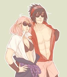Rule 34 | 1boy, 1girl, abs, artist name, bare shoulders, black bra, black hair, bra, breasts, cleavage, collarbone, cosplay, costume switch, couple, dymx, facial mark, forehead mark, hand on own hip, haruno sakura, haruno sakura (cosplay), headband, headdress, hetero, konohagakure symbol, lips, looking to the side, miniskirt, muscular, naruto (series), naruto shippuuden, nipples, open clothes, open shirt, pink hair, pink skirt, red shirt, shirt, short hair, short sleeves, simple background, skirt, sleeveless, sleeveless shirt, smile, spiked hair, sunglasses, torso grab, uchiha sasuke, uchiha sasuke (cosplay), underwear, unzipped, white shirt, zipper