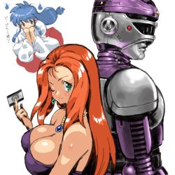 Rule 34 | 1boy, 2girls, ;), android, bare shoulders, blue hair, blush, breasts, cleavage, closed mouth, commentary request, crossover, earrings, ghost sweeper mikami, green eyes, himuro kinu, janperson, japanese clothes, jewelry, large breasts, long hair, looking at viewer, metal hero, mikami reiko, miko, multiple girls, necklace, one eye closed, orange hair, puchidori, simple background, smile, strapless, tokusou robo janperson, translation request, white background