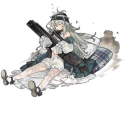 Rule 34 | 1girl, :&lt;, ankle ribbon, antenna hair, assault rifle, black bow, black bowtie, black headband, bloomers, blush, bow, bowtie, bullpup, caseless firearm, closed eyes, closed mouth, detached sleeves, dress, full body, futon, g11 (girls&#039; frontline), g11 (the rex rabbit in search of courage) (girls&#039; frontline), girls&#039; frontline, green brooch, green dress, green footwear, gun, h&amp;k g11, hair between eyes, headband, high-capacity magazine, holding, holding gun, holding weapon, horizontal magazine, leg ribbon, long hair, long sleeves, mary janes, midriff, navel, official alternate costume, official art, open clothes, open dress, pantyhose, petite, pillow, prototype design, puffy detached sleeves, puffy sleeves, ribbon, rifle, shirt, shoe soles, shoes, simple background, sitting, squeans, sleeping, sleeveless, sleeveless shirt, sleeves past wrists, smoke, solo, starshadowmagician, torn clothes, torn dress, torn headband, torn pantyhose, transparent background, underwear, very long hair, weapon, white bloomers, white pantyhose, white shirt, white sleeves, yokozuwari