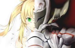 Rule 34 | 1girl, armor, blonde hair, collarbone, fate/apocrypha, fate (series), green eyes, helmet, long hair, looking at viewer, mordred (fate), mordred (fate/apocrypha), parted lips, portrait, simple background, solo, split theme, tora inu, twintails, white background