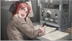 Rule 34 | 1girl, :o, brown jacket, hair between eyes, headphones, holding, holding pencil, jack arms, jacket, long sleeves, looking up, military, military jacket, military uniform, open mouth, original, paper, pencil, radio, radio controller, red eyes, red hair, short hair, solo, table, teeth, uniform, v-shaped eyebrows